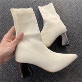 High Heels White Ankle Boots Stripper Low Block Heel-BS01023-Veeddydropshipping
